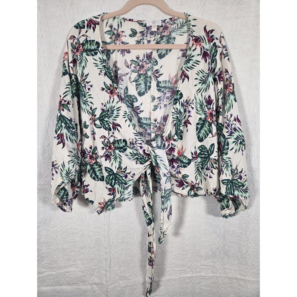 Y2k Floral Printed Wrap Tie Front Flowy Boho Dolman Sleeve Blouse Size M - Picture 2 of 8